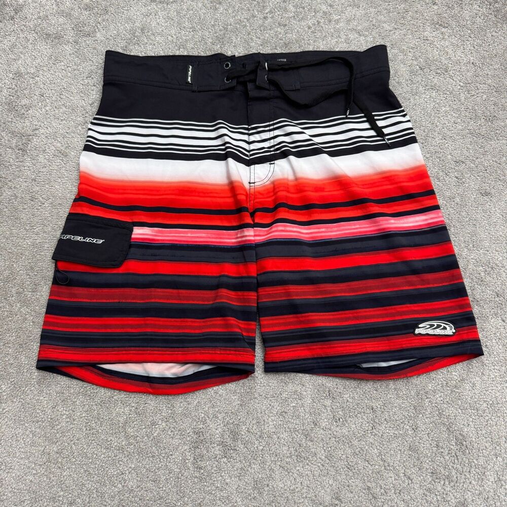 Pipeline Unlined Stretch Board Shorts Swim Trunks Men 36 Black Red Stripe Pocket
